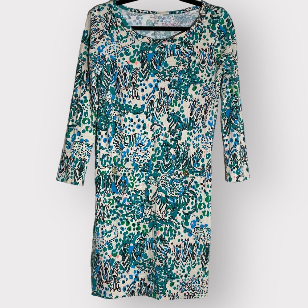 Lilly Pulitzer Size S Green Blue Sea Oat Escapades Corine Pima Cotton Mini Dress - Picture 3 of 8